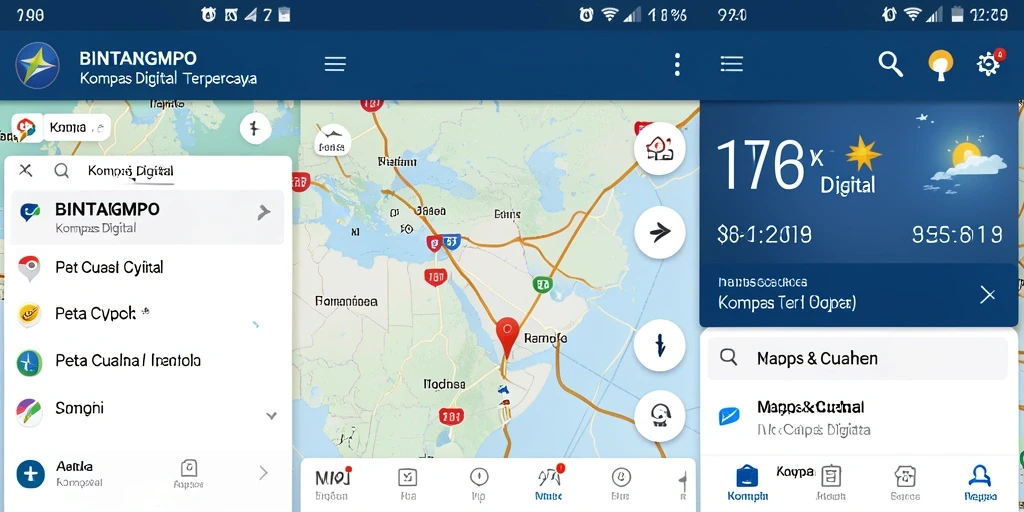 Antarmuka utama BINTANGMPO yang menampilkan kompas digital dan informasi cuaca.