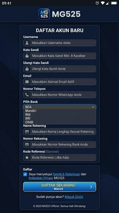 Tampilan halaman daftar mg525